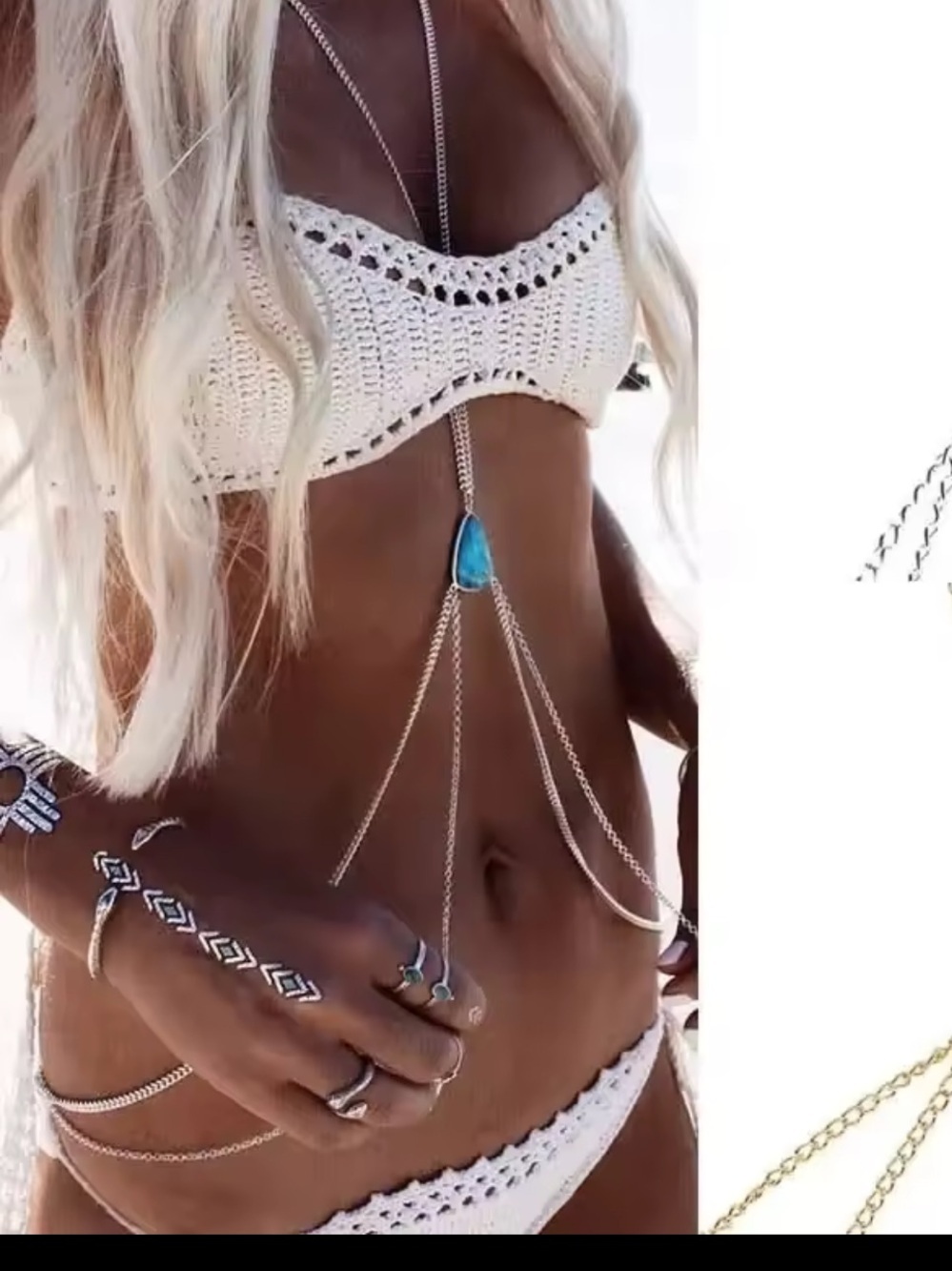 White Crochet Bikini with Turquoise Pendant Body Chain